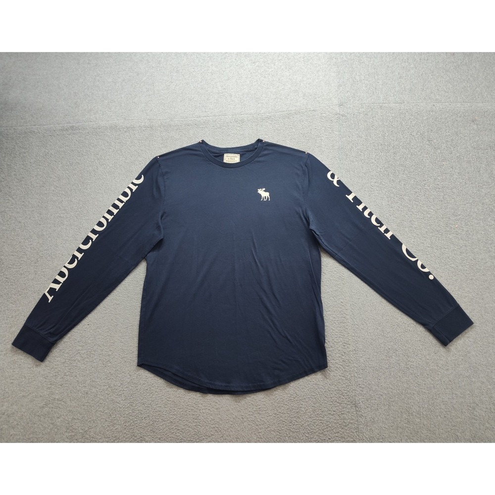 Abercrombie & Fitch Men T Shirt L Navy Blue Moose Logo Long Sleeve Crew Neck